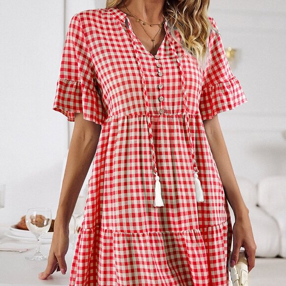 Gingham Plaid Flounce Sleeve Buttoned Tassel Dress - Picture 1 of 3